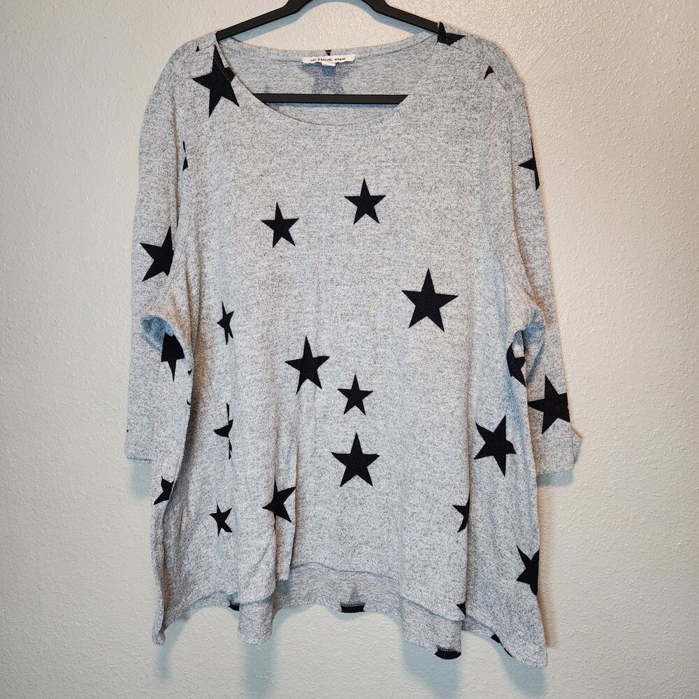 Zac & Rachel Woman Top 2X Plus Heather Grey Black Star Print Lightweight Sweater